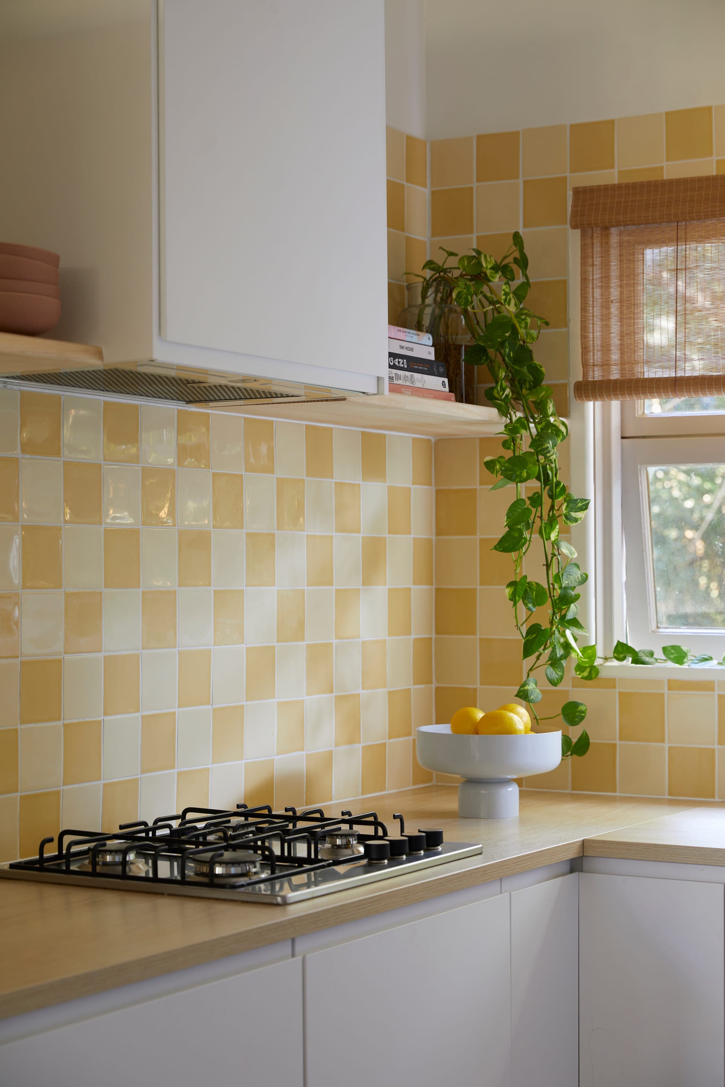 Stovetop and the yellow checkerboard splashback, with a fruit bowl of lemons and a trailing pothos plant on the timber shelf above.