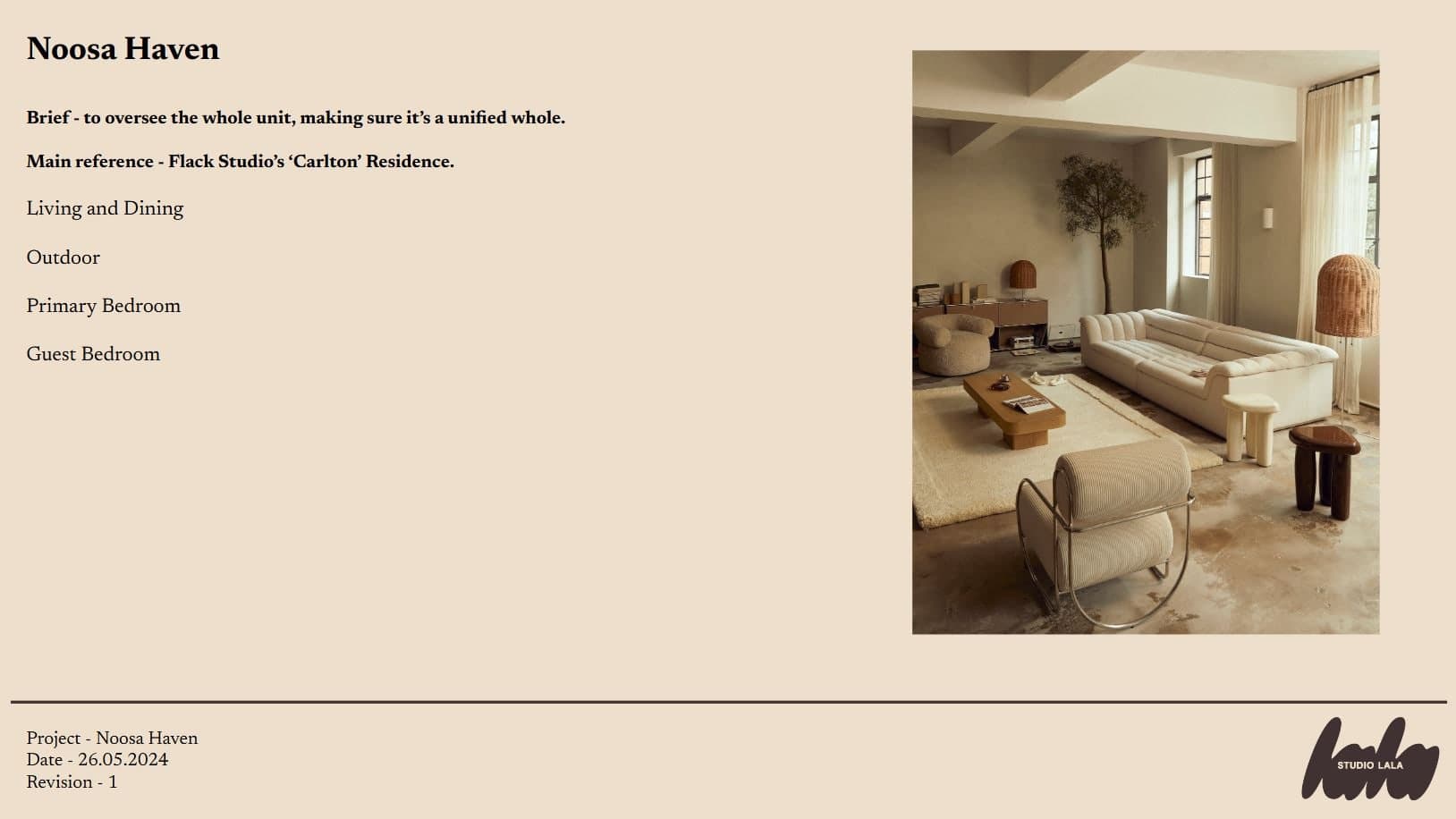 Cover slide of the Noosa Haven proposal, dated 26 May 2024, with the project brief, main reference (Flack Studio's Carlton Residence) and a list of rooms in scope.
