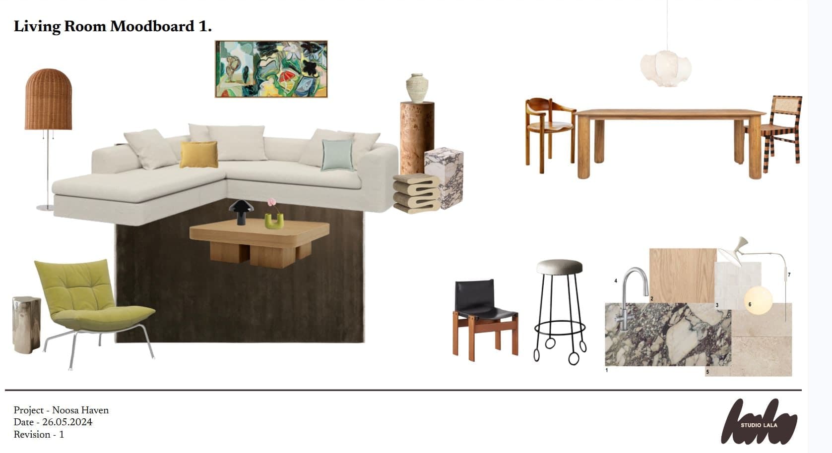 Living room moodboard slide showing a linen sectional, oak dining table and chairs, paper lantern pendant, marble and timber side tables and a materials swatch panel.
