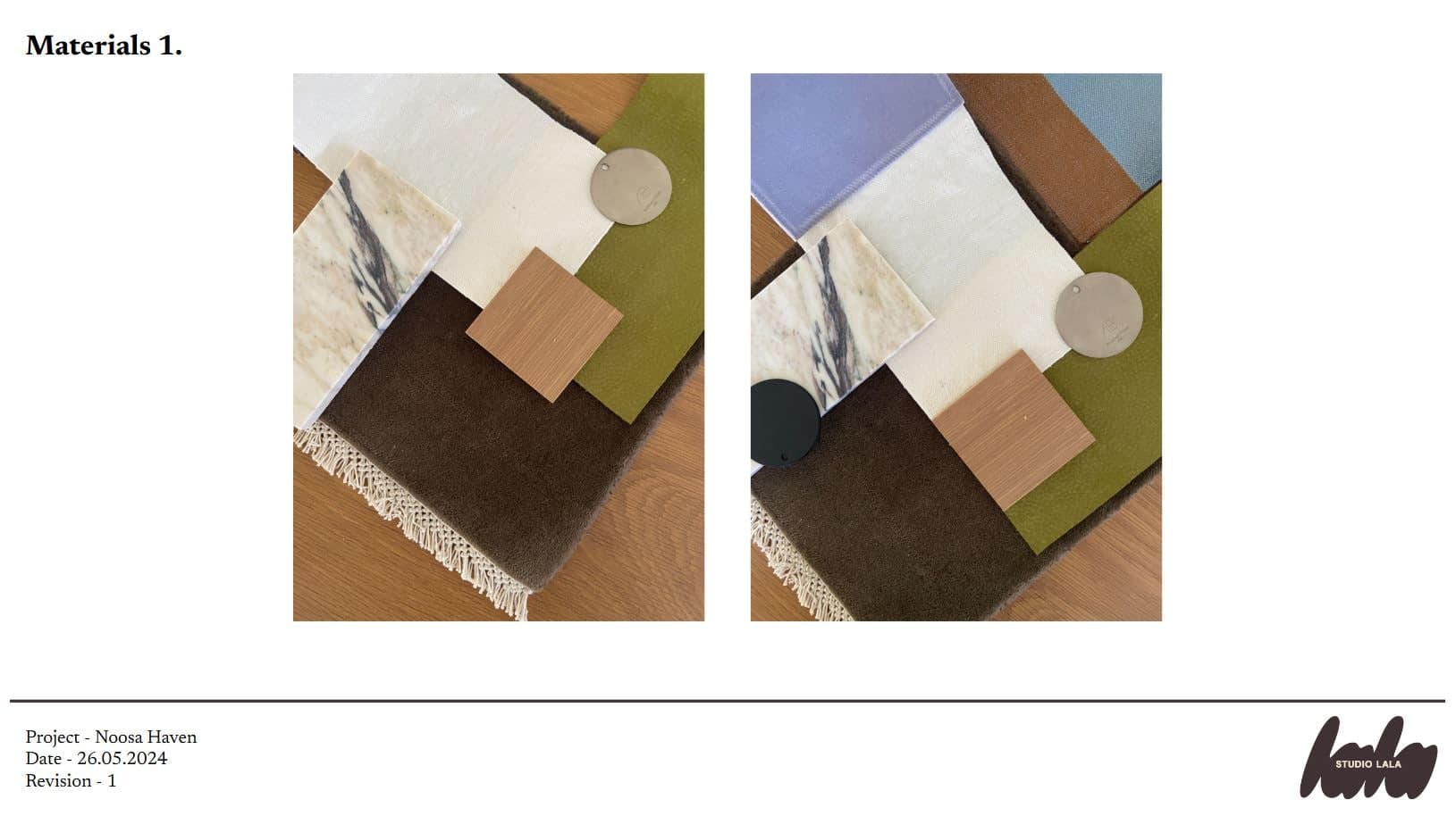 Materials flat-lay slide with two photographs comparing fabric, marble, timber, leather and rug samples laid out on a timber surface.