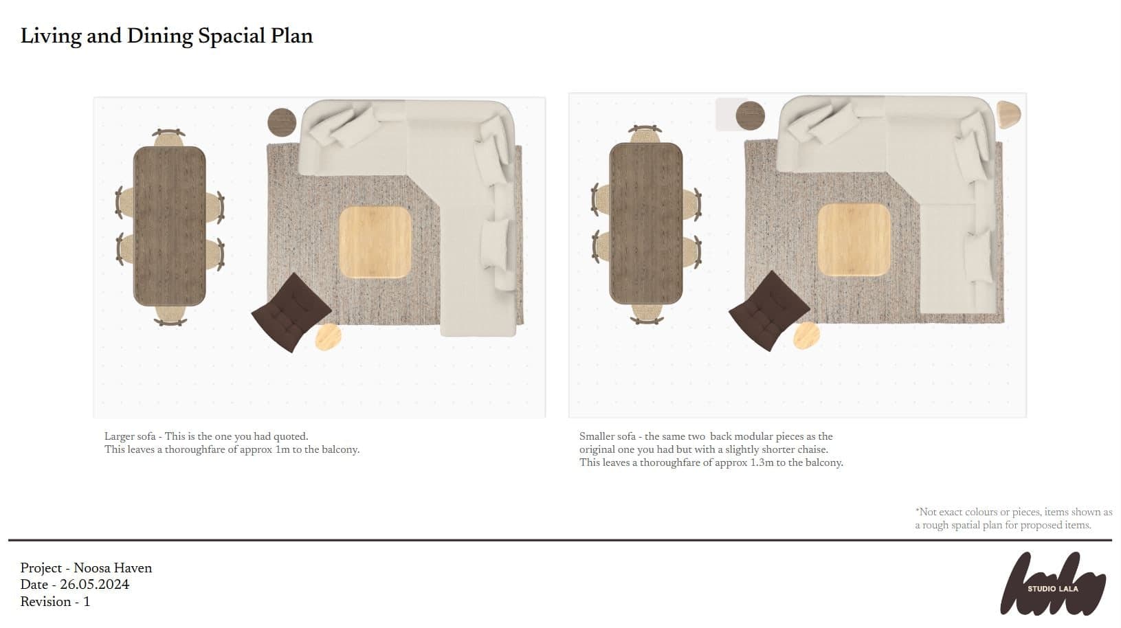 Spatial plan slide with two top-down 2D plans of the living and dining, comparing a larger sofa (1m thoroughfare to the balcony) against a smaller sofa (1.3m thoroughfare).