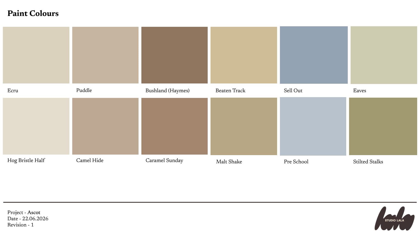 Paint colours slide: twelve labelled swatches, from Ecru and Puddle to Pre School and Stilted Stalks