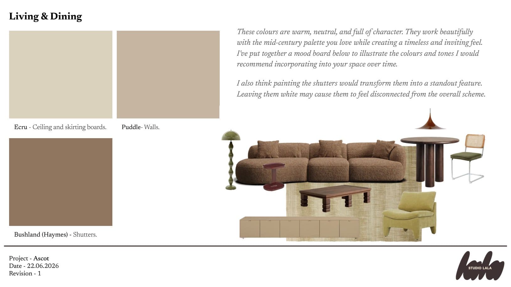 Living and dining slide: Ecru, Puddle and Bushland swatches and a furniture board with a brown sofa