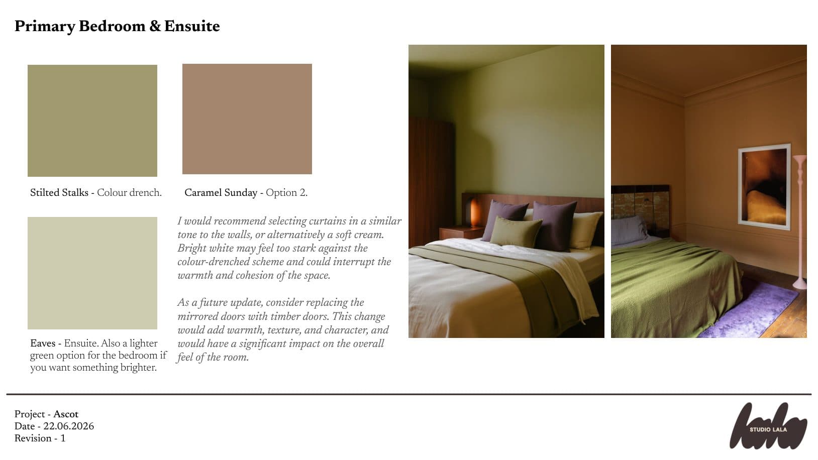 Primary bedroom and ensuite slide: Stilted Stalks, Caramel Sunday and Eaves swatches with bedroom references