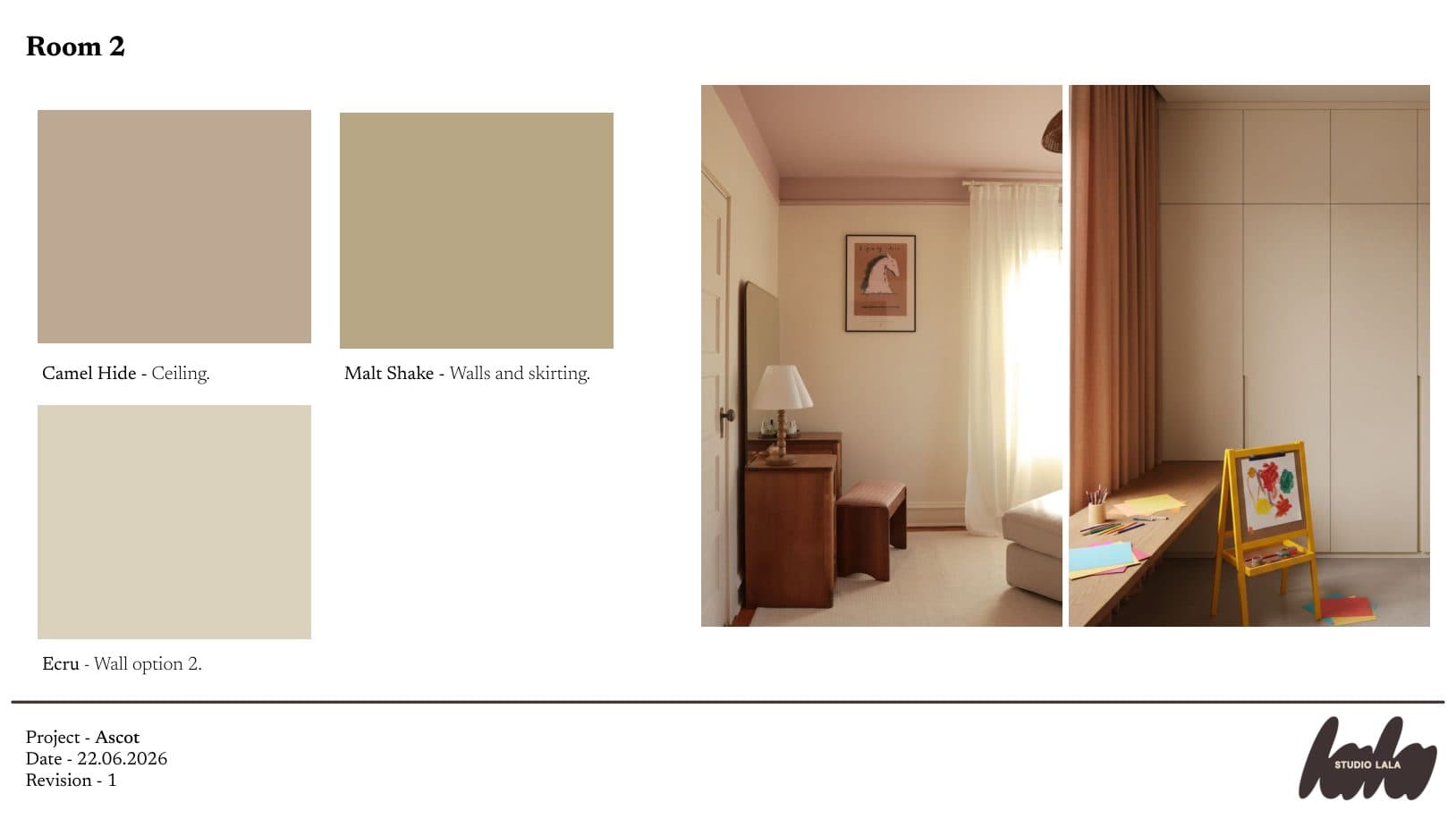 Room two slide: Camel Hide, Malt Shake and Ecru swatches with room references