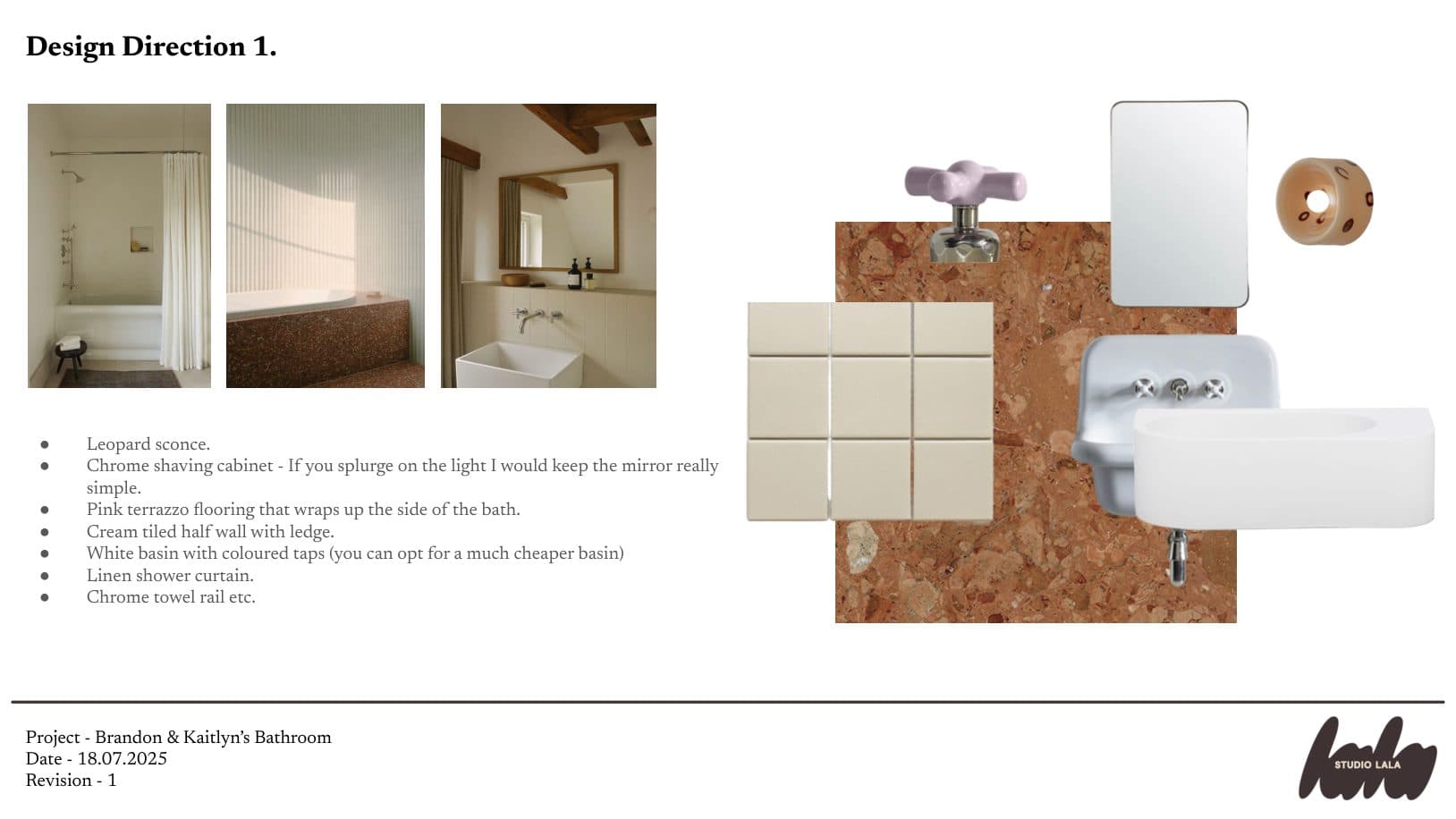 Design direction one slide: terrazzo, cream tiles, a lilac tap, a wall-hung basin, a chrome mirror cabinet and a leopard-spotted sconce, with notes and reference photos