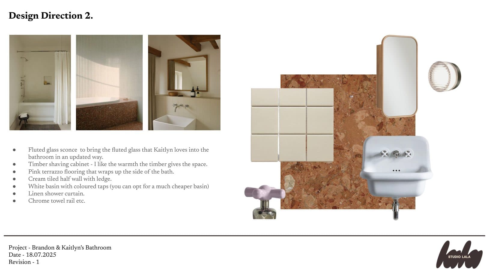 Design direction two slide: terrazzo, cream tiles, a timber mirror cabinet and a fluted glass sconce, with notes and reference photos