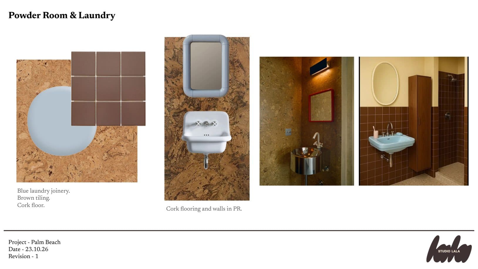 Powder room and laundry slide: blue laundry joinery, brown tiles, and cork on the floor and walls, with reference photos