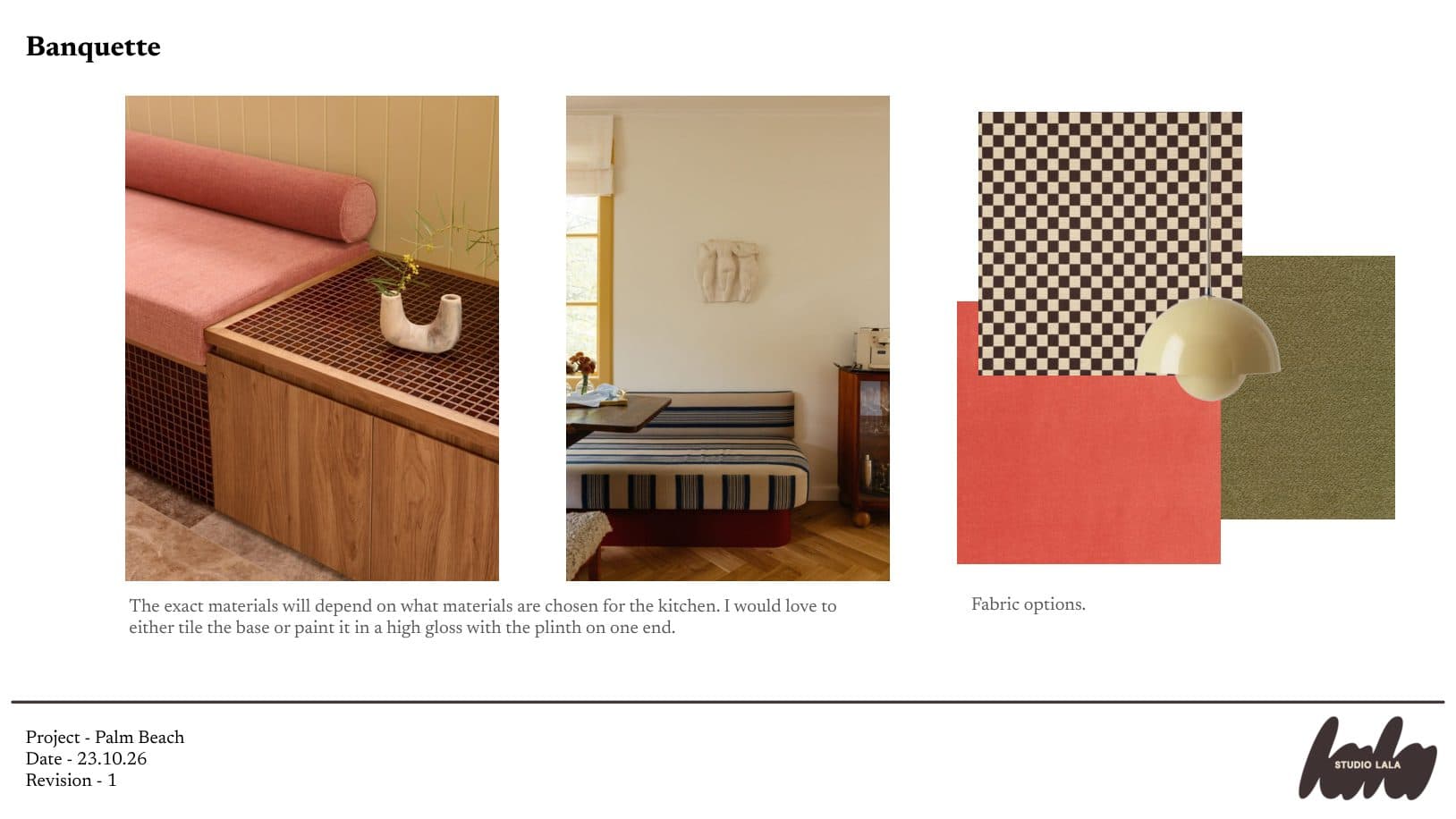 Banquette slide: a tiled or high-gloss banquette base, with fabric options in checkerboard, red and olive