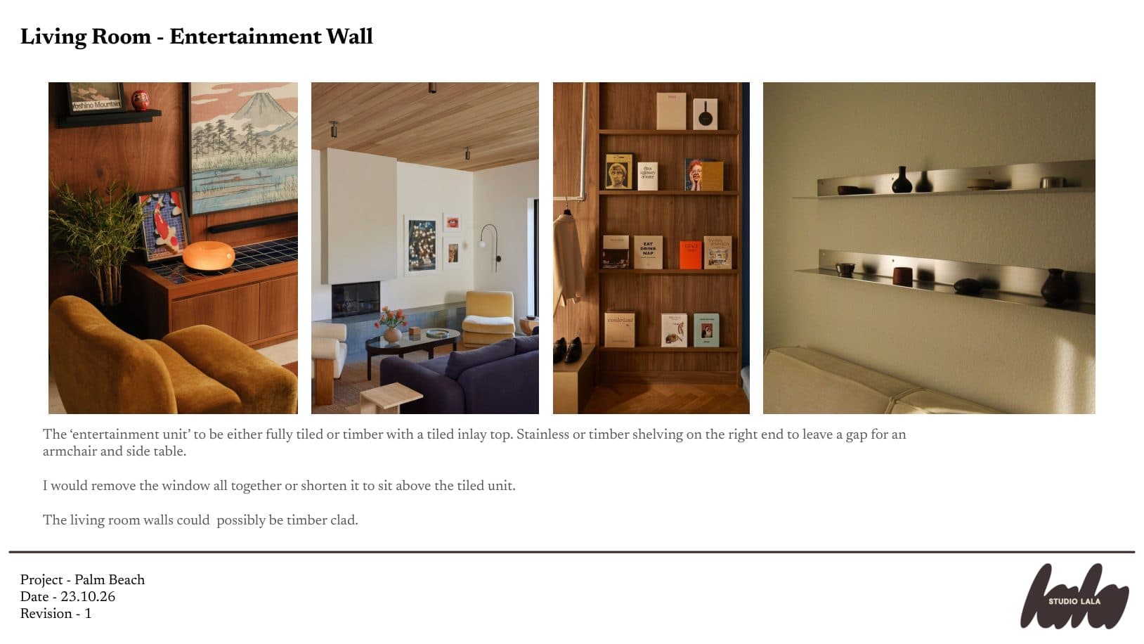 Living room slide: references for a tiled or timber entertainment unit with open shelving