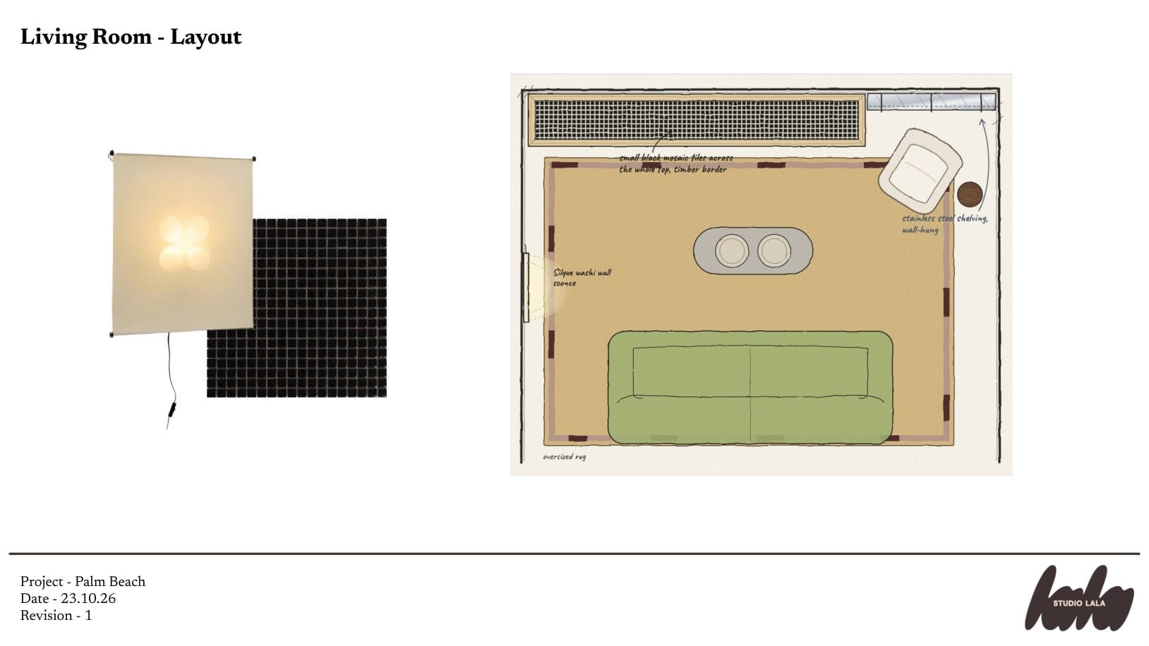 Living room layout slide: a floor plan with a green sofa, beside a square wall light and black mosaic tile
