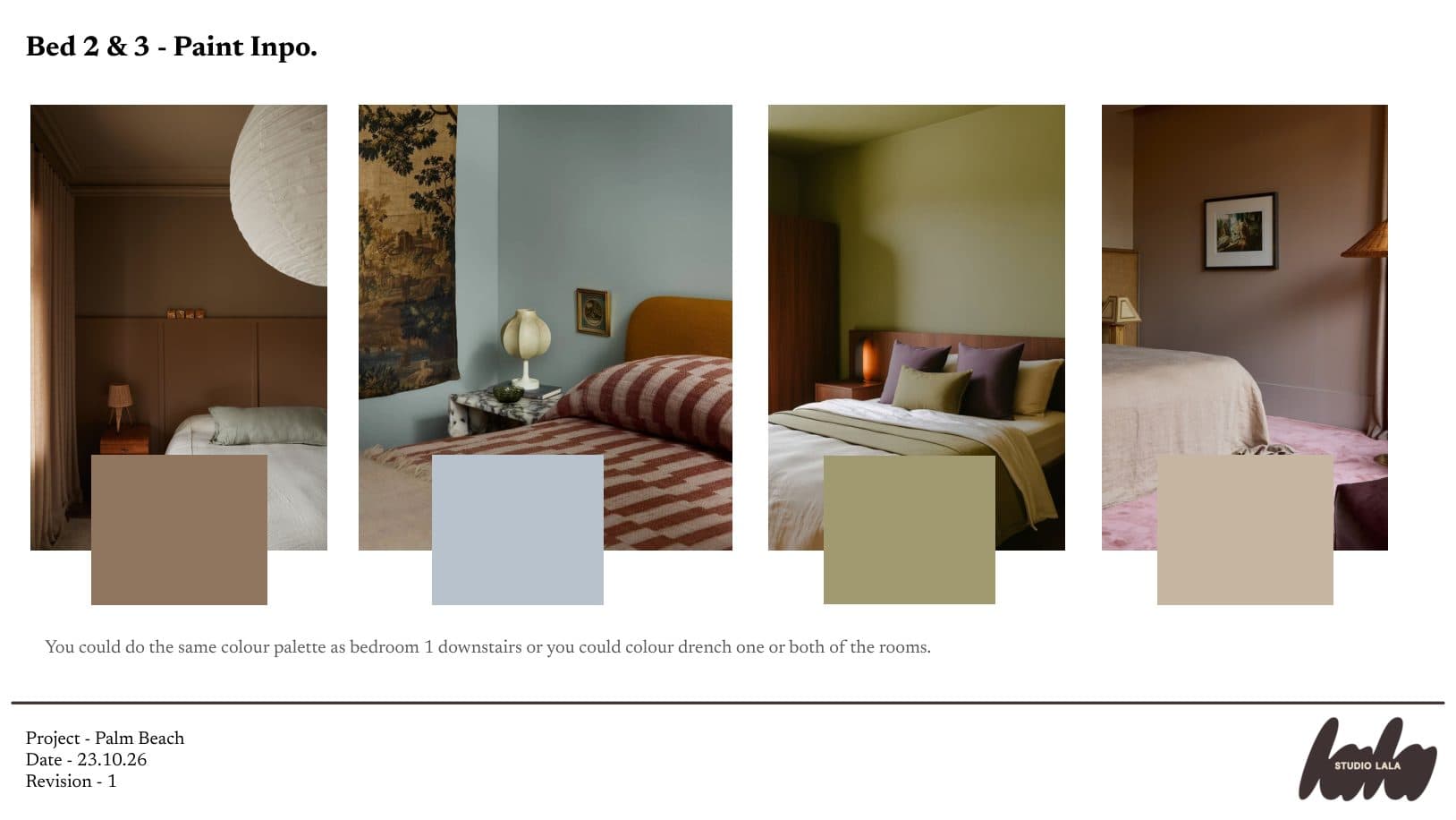Bedrooms two and three slide: four colour-drenched bedroom references with matching paint swatches
