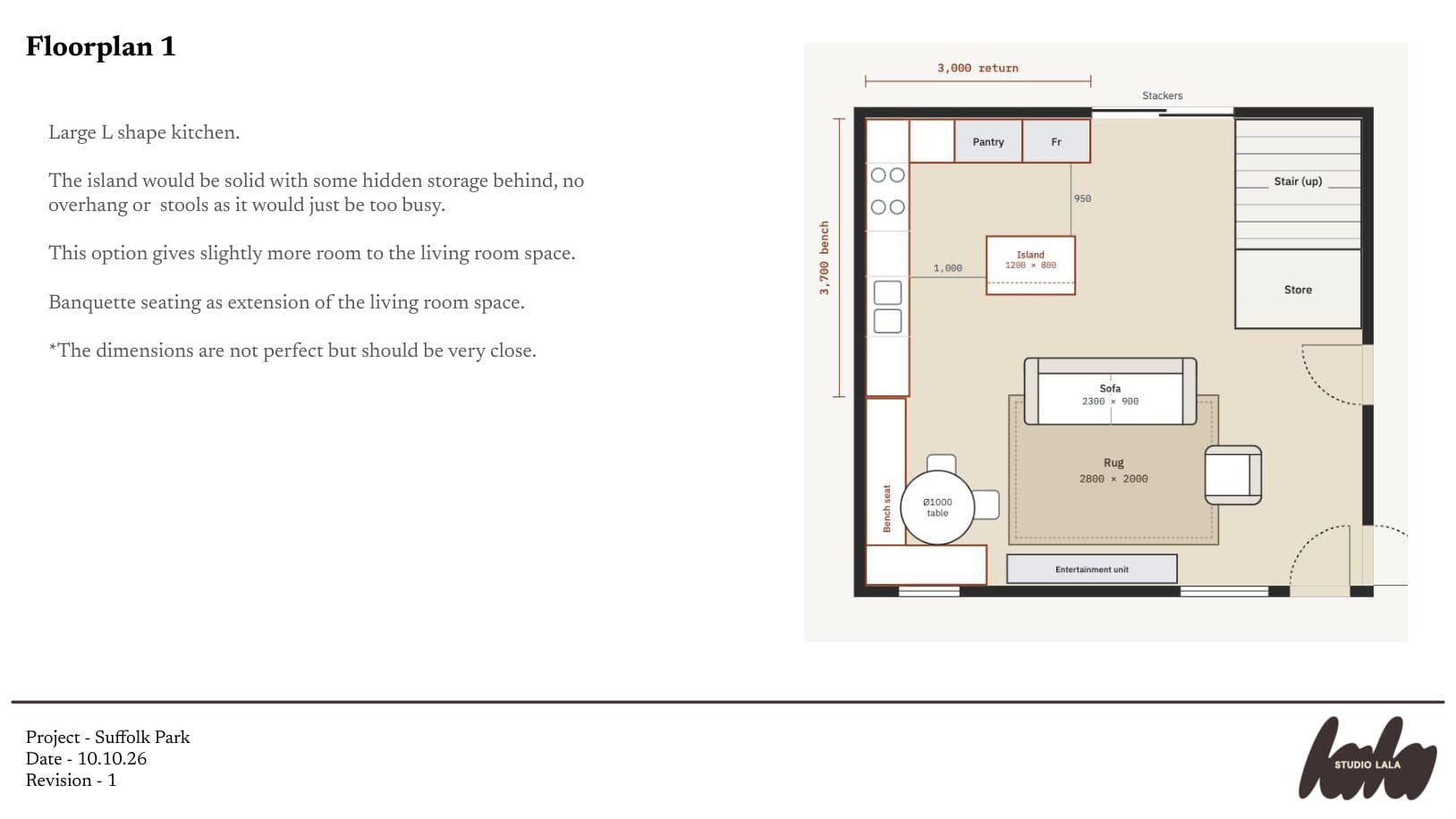 Floor plan one slide: a large L-shaped kitchen with a solid island and banquette seating, with notes