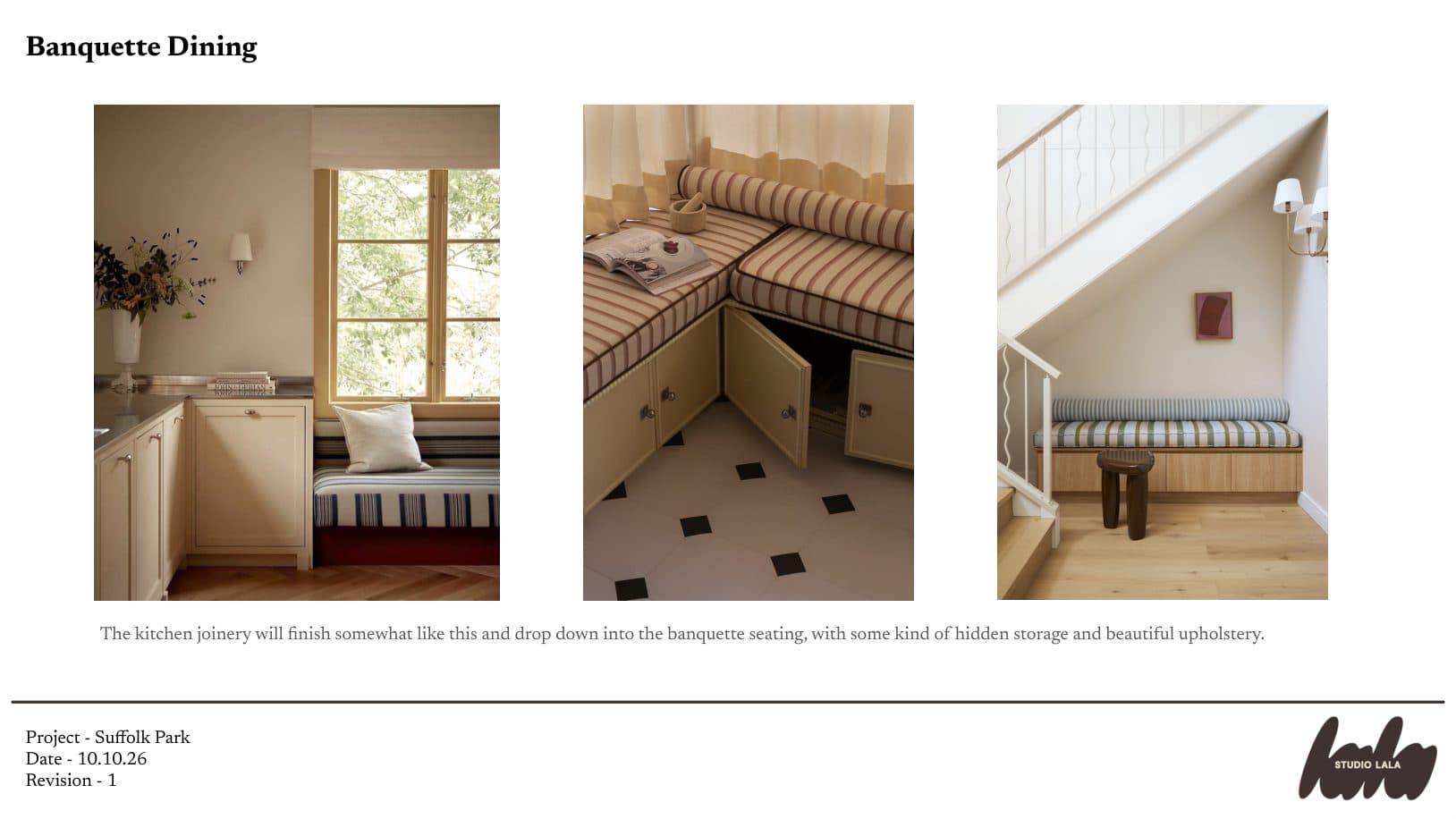 Banquette dining slide: references for kitchen joinery that drops into an upholstered banquette with hidden storage