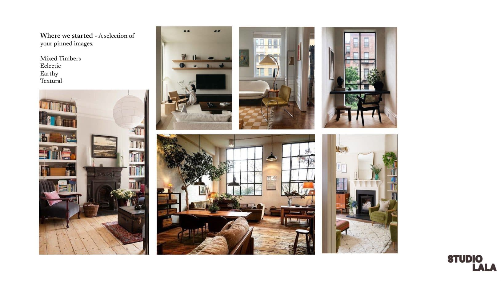 Where we started slide: the client's pinned living room images, tagged mixed timbers, eclectic, earthy and textural