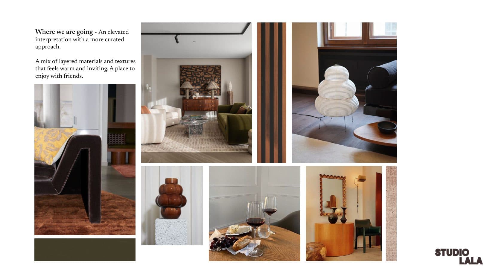 Where we are going slide: references for a warmer, layered room with a paper lamp and timber