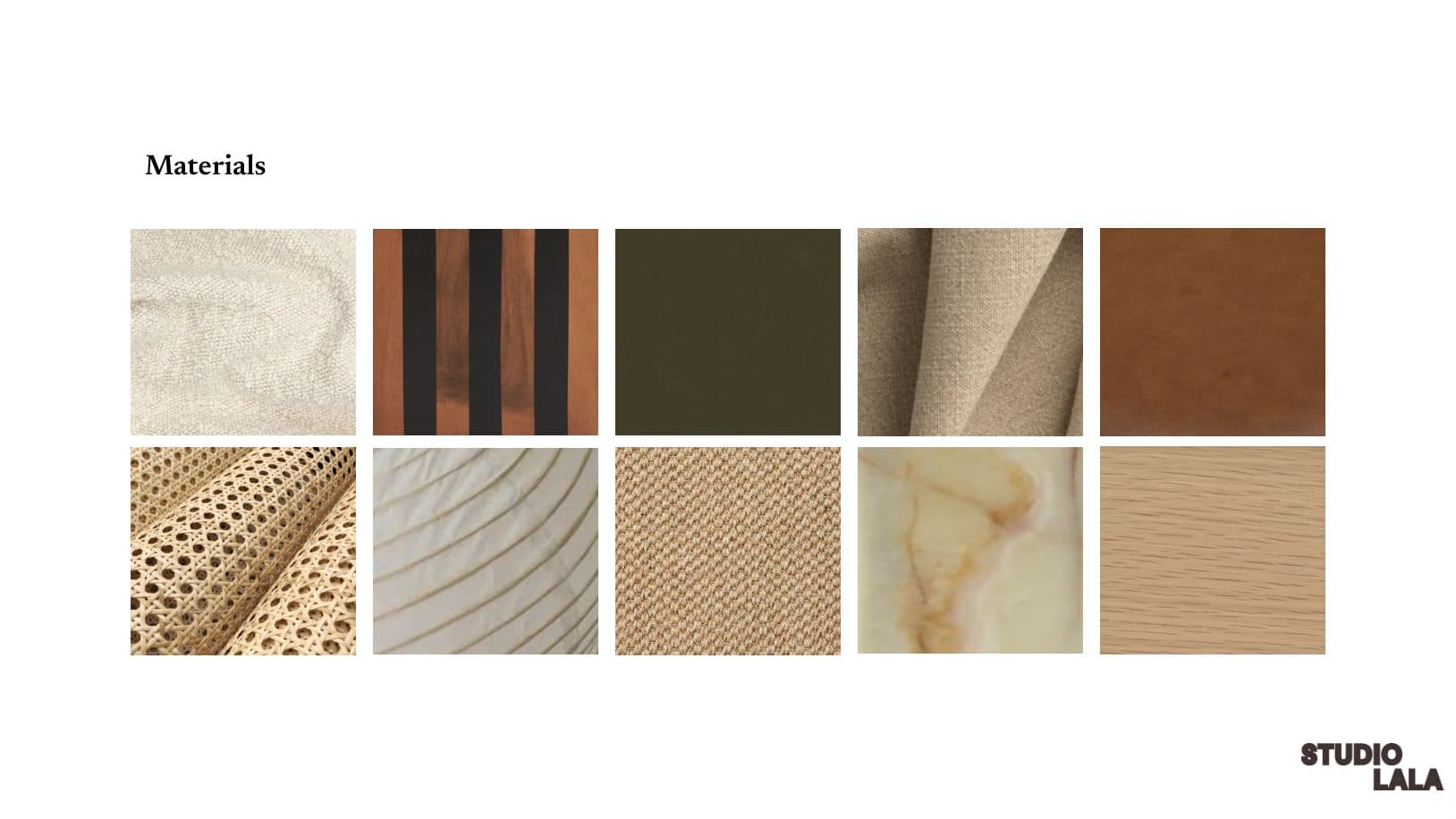 Materials slide: ten swatches including boucle, striped timber, olive, cane, oak, onyx and wool