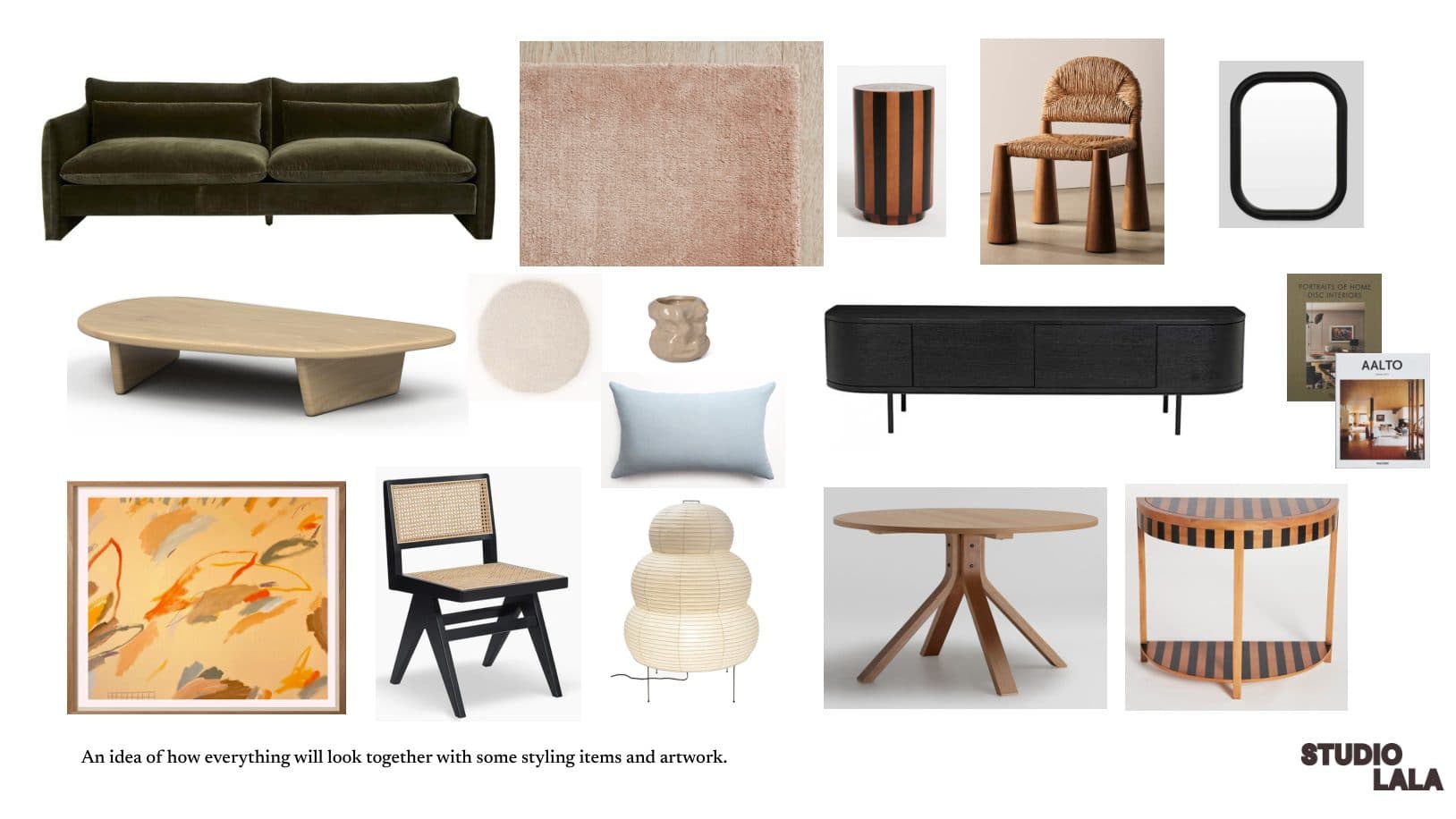 Board of the room's pieces: a green sofa, coffee table, rug, cane chair, paper lamp, round dining table and artwork