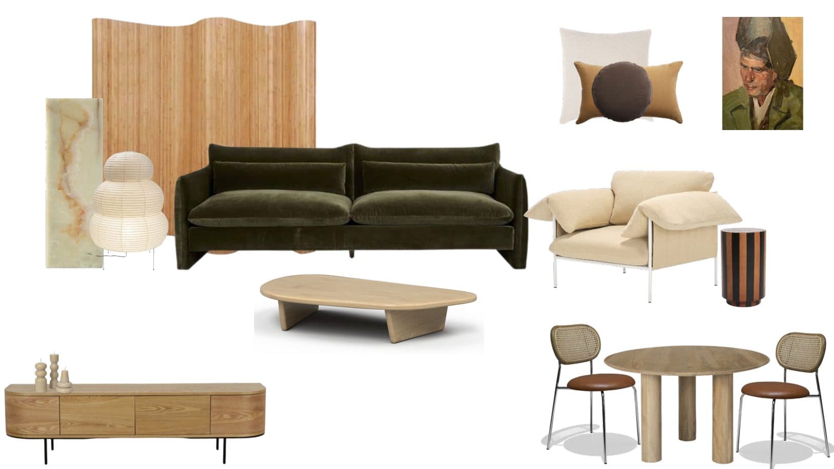 Living room board with a green velvet sofa, oak entertainment unit, organic coffee table, paper lamp and round dining table